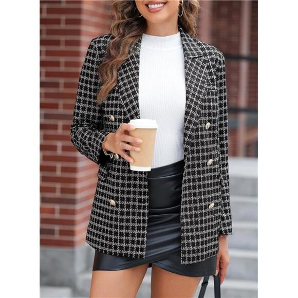 Women's Plaid Tweed Blazer Long Sleeve Double Breasted Open Front Jacket Suit - Picture 2 of 8
